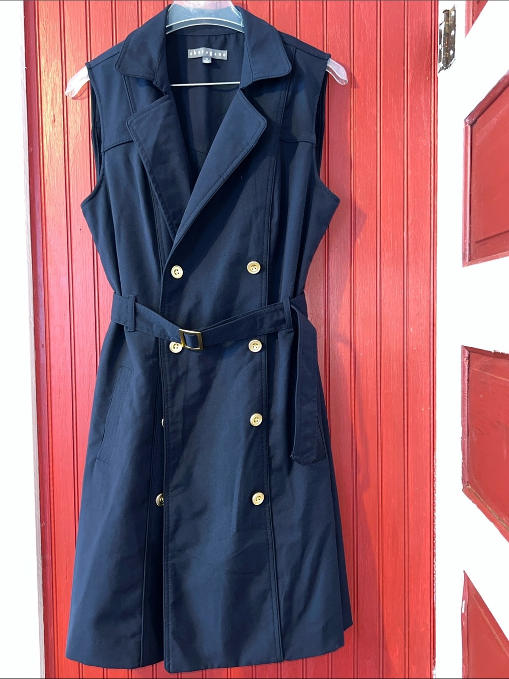 Sharagano Navy Sleeveless Double-Breasted Trench Dress with Gold Buttons 10